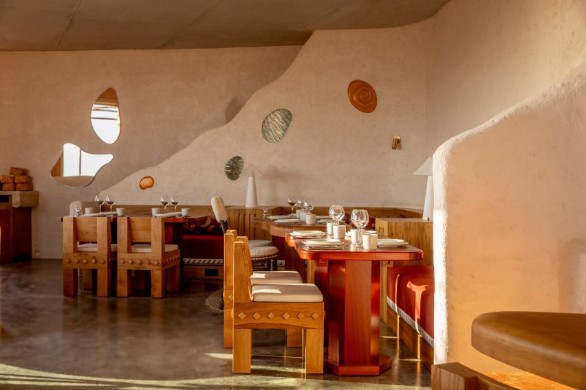 Chunky wooden chairs in hotel restaurant