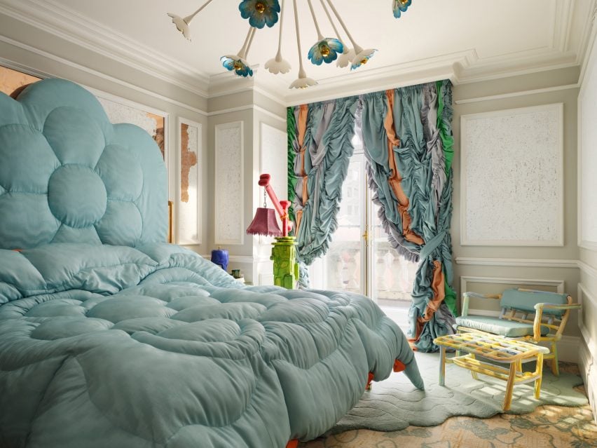 Large bed and flower-shaped lamp