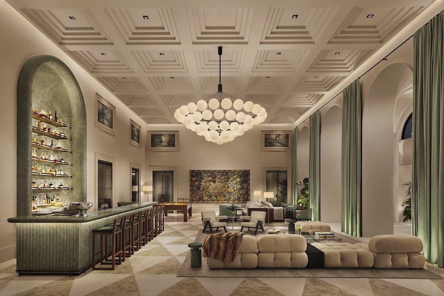 The Lake Como EDITION Cadenabbia Italy restored 19th century palazzo neri&hu de.tales seating lounge coffered ceiling bulbous chandelier bar green marble