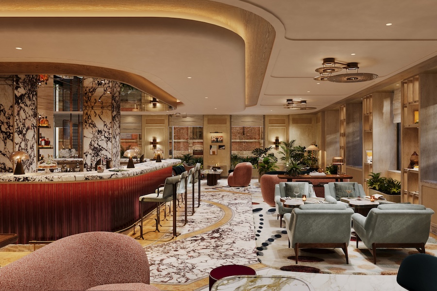 six senses milan bar and lounge light blue armchairs red tiled bar marbled floors